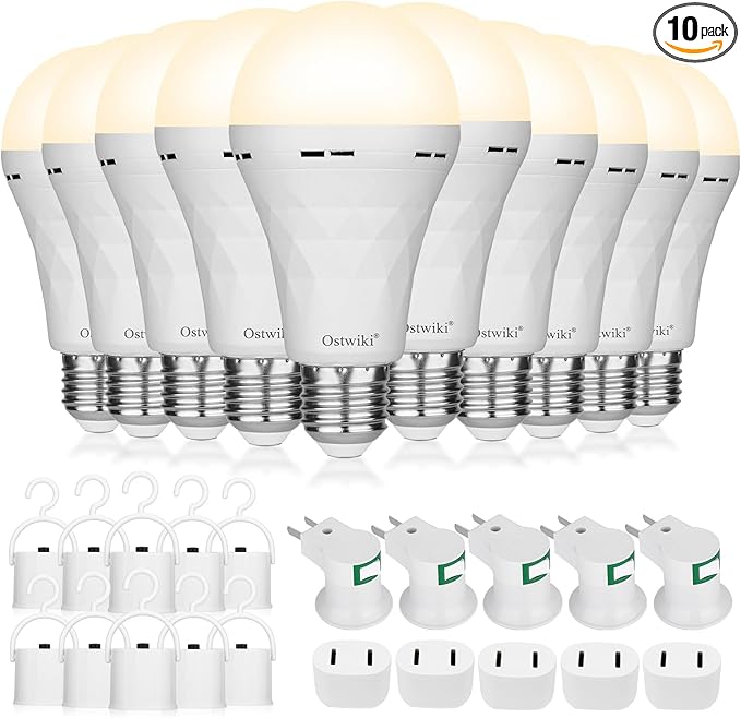 Ostwiki 10 Pack Rechargeable Light Bulbs, Emergency Light Bulbs for Power Outage Hurricane Camping 3000K Warm Light Battery Operated Light Bulb 9W E26 1200mAh Battery Backup Soft Light Bulb for Lamps