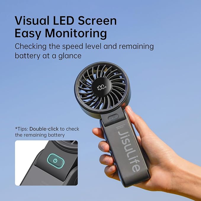 JISULIFE Handheld Fan Life7 – Ultimate Flexibility: Wide & Strong Airflow, 19.5H Max Cooling, 5000mAh Rechargeable, 5-Speed, LED Display, 3 IN 1 Portable Fan for Travel, Concerts, Sports Events(Black)