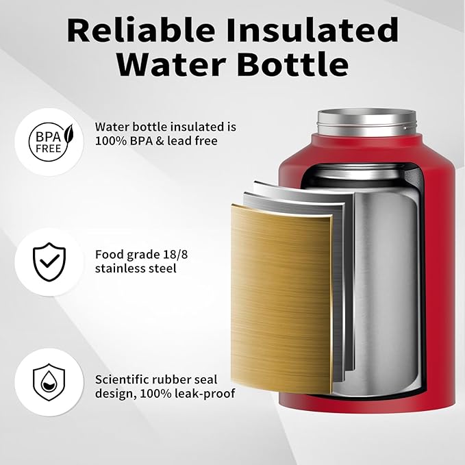 WATERSY Half Gallon Water Bottle Insulated(Cold for 48 Hrs),BPA Free&Leak Proof,64oz Stainless Steel Water Jug/Flask,Big thermo,Large Water Bottle with Handle for Gym,Hiking,Camping,Red