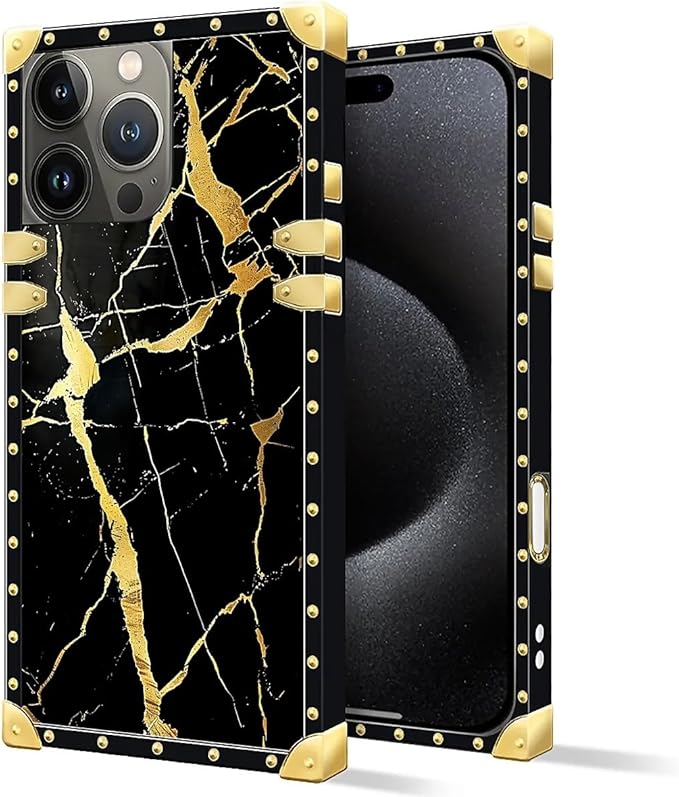 Compatible with iPhone 16 Pro Case, Black Gold Marble Nature Luxury Golden Decoration for Girl Women Soft TPU Shockproof Protective Hard PC Back