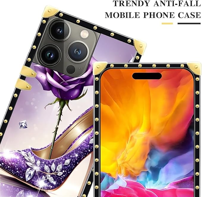 Compatible with iPhone 15 Pro Case, High Heeled Purple Diamond Rose Luxury Golden Decoration for Girl Women Soft TPU Shockproof Protective Hard PC Back for iPhone 15 Pro
