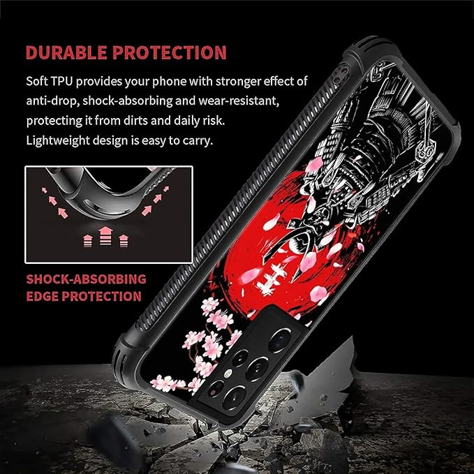for Samsung Galaxy S21 Ultra Case, Sakura Japanese Samurai Pattern Graphic Design Girl Boy Soft Silicone Hard Acrylic Shock Protection for Samsung Galaxy S21 Ultra