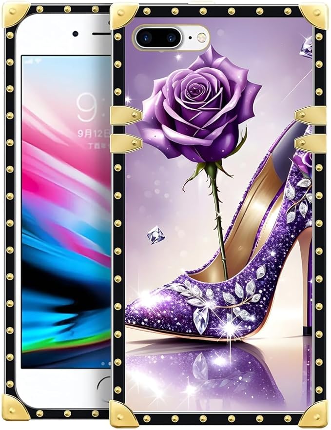 Compatible with iPhone 8 Plus 7 Plus Case, High Heeled Purple Diamond Rose Luxury Golden Decoration for Girl Women Soft TPU Shockproof Protective Hard PC Back for iPhone 8 Plus 7 Plus