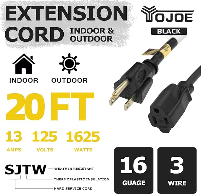YOJOE Indoor Outdoor Extension Cord, 3 Prong 13A Weatherproof Power Cord, 16 Gauge Heavy Duty 20 ft Black Extension Cord for Garage, Garden and Home, 16/3 SJTW UL Listed