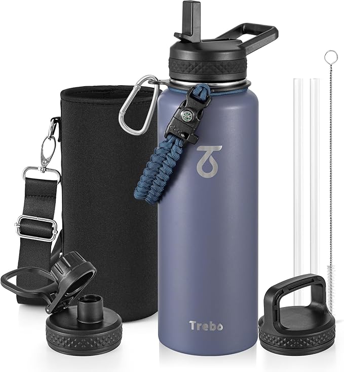 Trebo Water Bottle 40oz with Paracord Handle, Half Gallon Large Vacuum Triple Wall Stainless Steel Insulated Water Jug with Holder Strap Straw Spout Lids, Leakproof Keep Cold & Hot, Grayish purple