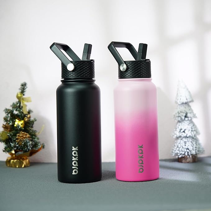 BJPKPK 2 Pack Insulated Water Bottles with Straw Lids, 32oz Stainless Steel Metal Water Bottle with 6 Lids, Leak Proof BPA Free Jugs, Cups, Flasks for Travel, Sports (Cherry+Black)