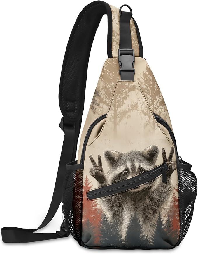 FyLybois Raccoon Sling Bag for Women Lightweight Crossbody Backpack Casual Daypack with Adjustable Strap for Travel Work Hiking Everyday Use
