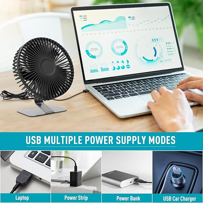 SLENPET 6-inch USB Small Desk Fan, 4 Speeds, Ultra-quiet, 90° Adjustment for Better Cooling, Portable Mini Powerful Desktop Table Fan, Personal Fan for Home Office, Metal Base, Black