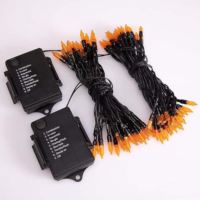 Halloween Orange String Lights Decorations，2 Pack 17.8 Feet 50 LED Battery Operated Mini String Lights with 8 Modes Waterproof for Outdoor Indoor Patio Xmas Tree Holiday Party Christmas Show