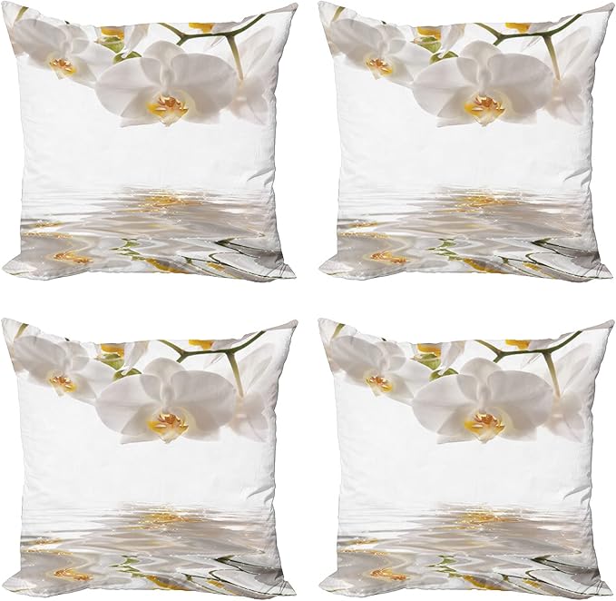 Ambesonne Flower Throw Pillow Cushion Case Pack of 4, Pure Romantic Orchids Branch on Rippling Water Print, Modern Accent Double-Sided Digital Printing, 18", Off White Orange