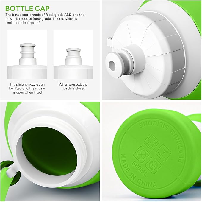 Collapsible Lightweight 20oz Water Bottle, Food-Grade Silicone BPA Free, Foldable Portable Leak Proof Office Travel Cycling Sports Outdoor Water Bottle with Vertical Hook (green, long nozzle)