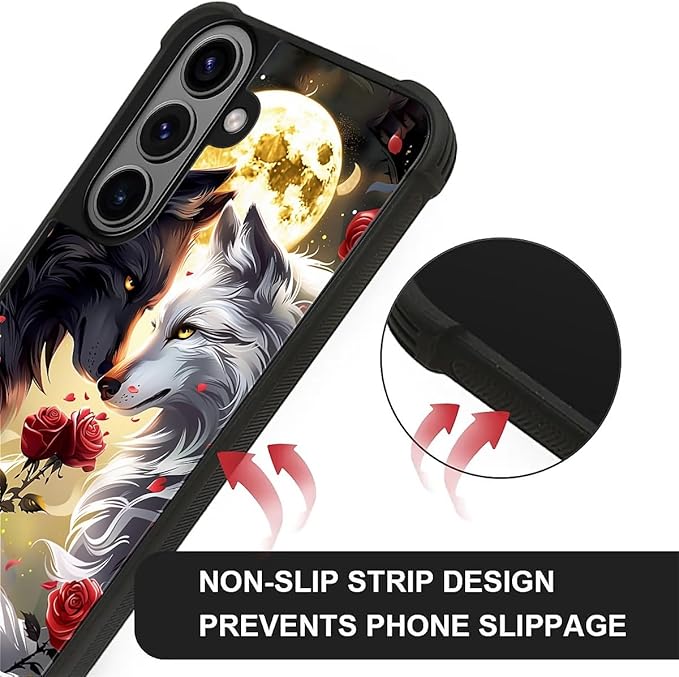 for Samsung Galaxy S26 Plus Case,Graphic Design for Girl Boy Soft Silicone Hard Acrylic Shock Protection Designed for Samsung Galaxy S26 Plus Black White Wolf Moon Flower Rose Pattern