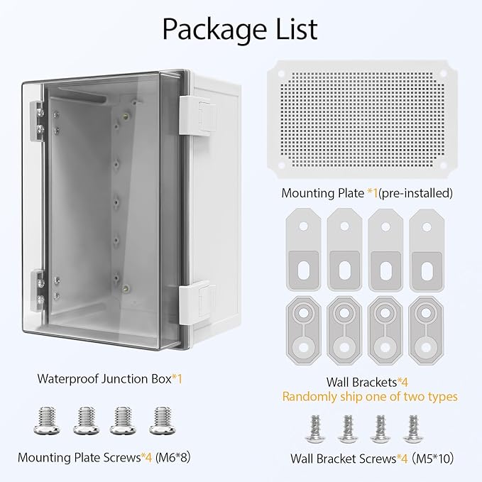 Junction Box, IP65 Waterproof Dustproof ABS Plastic Enclosure, Outdoor and Indoor Project Box Hinged Clear Cover with Mounting Plate Wall Brackets, Outer Dimension 11.8"x 7.9" x 7.1", Grey