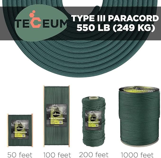TECEUM Reflective Paracord Rope 1000 – 1000ft/200ft/100ft/50ft – 40+ Colors – Glow in The Dark – para Cord – Utility Rope for Survival, Hunting & Camping Gear – Nylon String, Camping Rope, Tent Cord