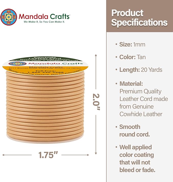 Mandala Crafts Round Genuine Tan Leather Cord for Jewelry Making – 1mm Cowhide Leather Rope String Lace for Kumihimo – 20 Yards Cowhide Craft Cording Spool