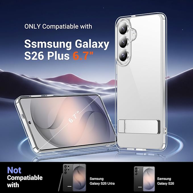Temdan Designed for Samsung Galaxy S26 Plus Case Clear, Built-in Invisible Kickstand [Military Grade Drop Protection] Anti-Yellowing Slim Fit Shockproof Cover for Galaxy S26 Plus 6.7 Inch - Clear