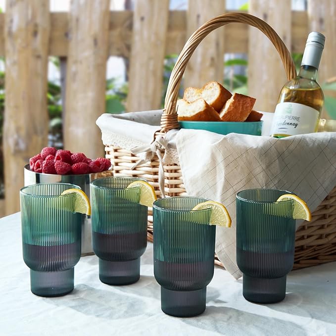 Shatterproof Acrylic Tall Drinking Glasses Set, European Style, Dishwasher Safe, Ribbed | Set of 4 | Fluted Tritan Drinkware, Unbreakable BPA-free Plastic, Reusable Stackable Glassware 14.5oz - Green