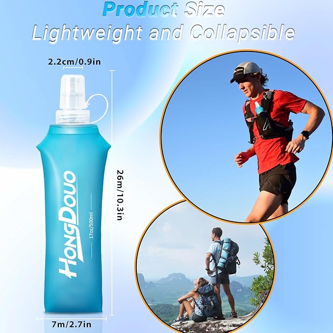 2 Packs Soft Flask, 17oz/500ml TPU Collapsible Soft Water Bottle for Hydration Pack, Running Vest, BPA-Free Folding Water Bottles for Hiking Cycling Climbing Running Outdoor Sports