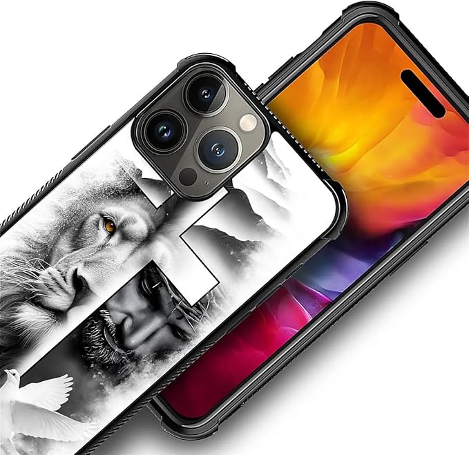 for iPhone 16 Pro Max Case, Lion Cross Jesus Christ Dove Pattern Graphic Design Girl Boy Soft Silicone Hard Acrylic Shock Protection for iPhone 16 Pro Max