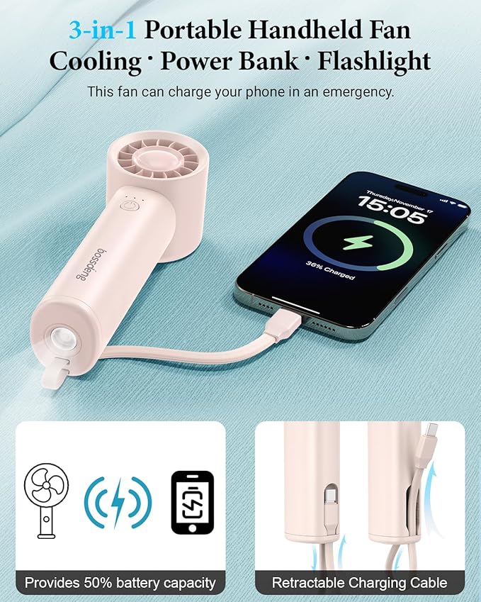 Portable Handheld Fan with Power Bank(High-Speed),3 IN 1 USB Rechargeable Mini Personal Fan with Flashlight,Small Size for Outdoor/Travel/Beach/Concerts/Summer.Gifts for Girl,Women.Pink