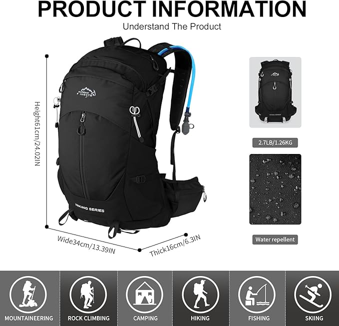 IX INOXTO Hiking Backpack, Camping Backpack, 30L Waterproof Hiking Daypack with 3L Water Bladder and Rain Cover (black)