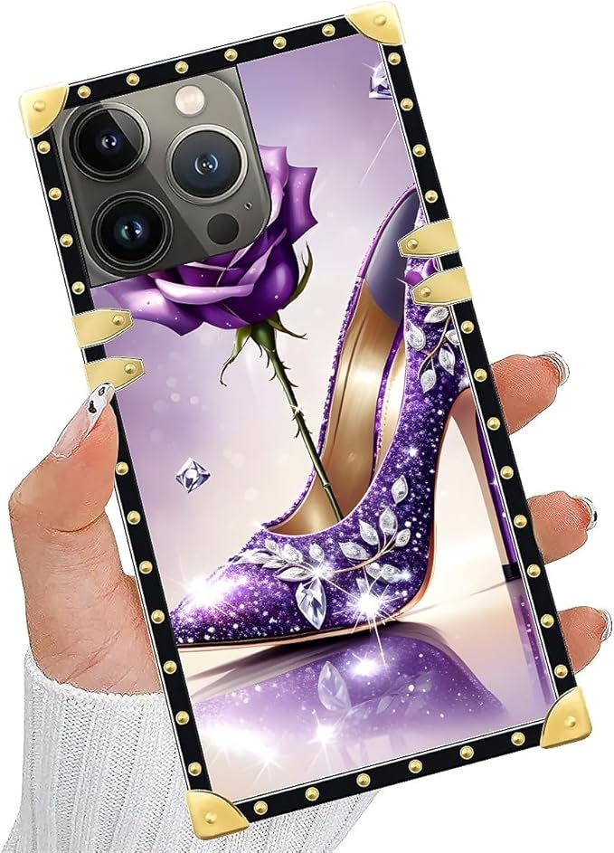 Compatible with iPhone 13 Pro Case, High Heeled Purple Diamond Rose Luxury Golden Decoration for Girl Women Soft TPU Shockproof Protective Hard PC Back for iPhone 13 Pro