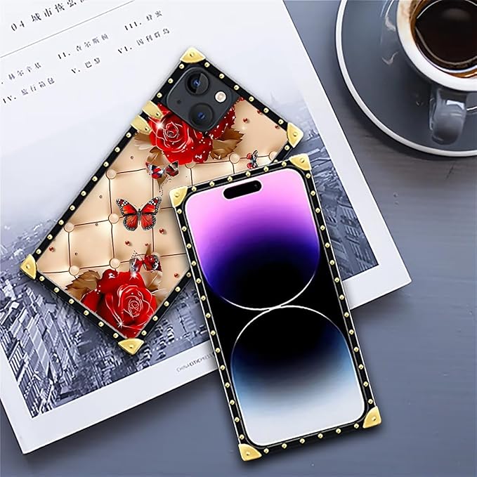 Compatible with iPhone 14 Case, Shining Red Rose Butterfly Leather Background Luxury Golden Decoration for Girl Women Soft TPU Shockproof Protective Hard PC Back for iPhone 14