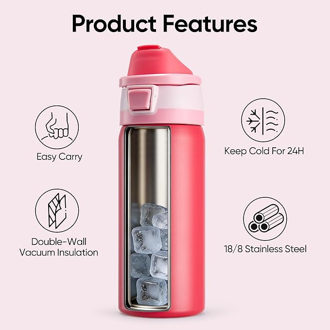 Fijinhom 24 oz Insulated Water Bottle with 2-in-1 Straw and Spout Lid, Stainless Steel Double Wall Vacuum Flask, Sports Water Bottle Keeps Cold 24H, Leak Proof for Gym, Outdoor, Travel (Red)