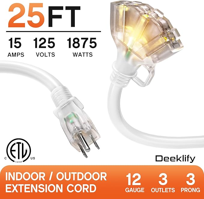 25 ft 12 Gauge Heavy Duty 3 Outlet Extension Cord Splitter with Indicator, Waterproof Outdoor Extension Cord with Multiple Outlets, 15A 1875W for Small Appliances, ETL Listed, White SJTW