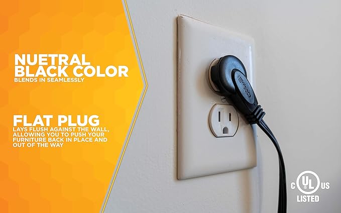 Woods 2243 16/3 Flat Indoor Extension Cord, 8-Foot, 3 Grounded Outlets, Right Angled Plug, Space Saving Design, UL Listed, Black