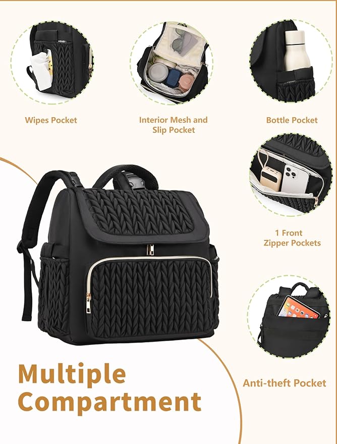Awanhe Diaper Bag Backpack, Baby Bag with Changing Pad, Travel Waterproof Diaper Bag Tote, Newborn Essentials Must Haves, Luxury baby shower gifts for boys & Girls, Black