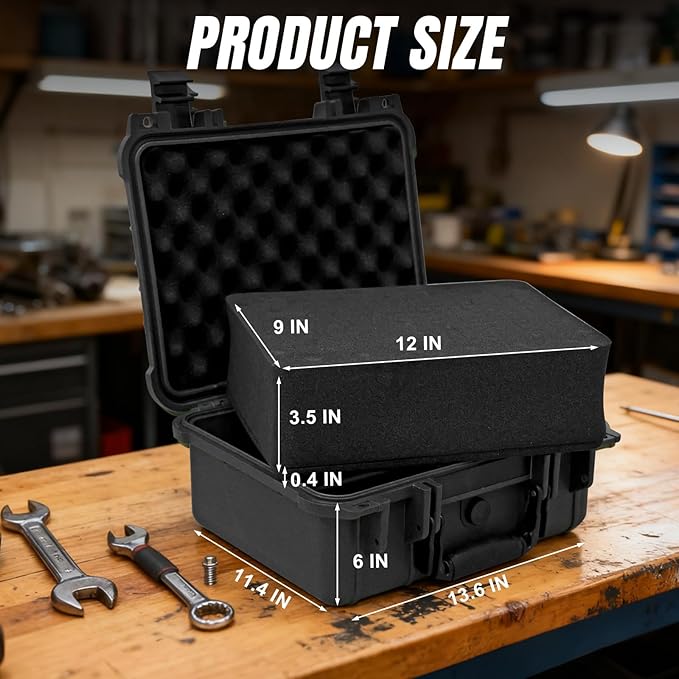 Jack Boss 13.6X11.4X6 Inch Hard Case, Portable Weather Waterproof Protective Camera Case with Customizable Foam, Foam Case Fit Use of Drones, Camera, Equipments, Black,upgraded
