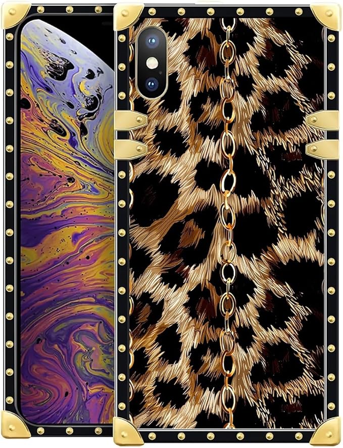 Compatible with iPhone XR Case, Seamless Gold Chain Leopard Luxury Golden Decoration for Girl Women Soft TPU Shockproof Protective Hard PC Back for iPhone XR