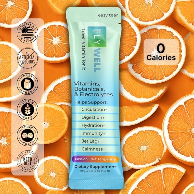 Travel Vitamin Tonic for Flight, Jet Lag, Hydration, Circulation, Digestion & Immune Support, Promotes Calmness, Electrolyte Powder, Travel Essentials, Passion Fruit Tangerine, 15 Sticks