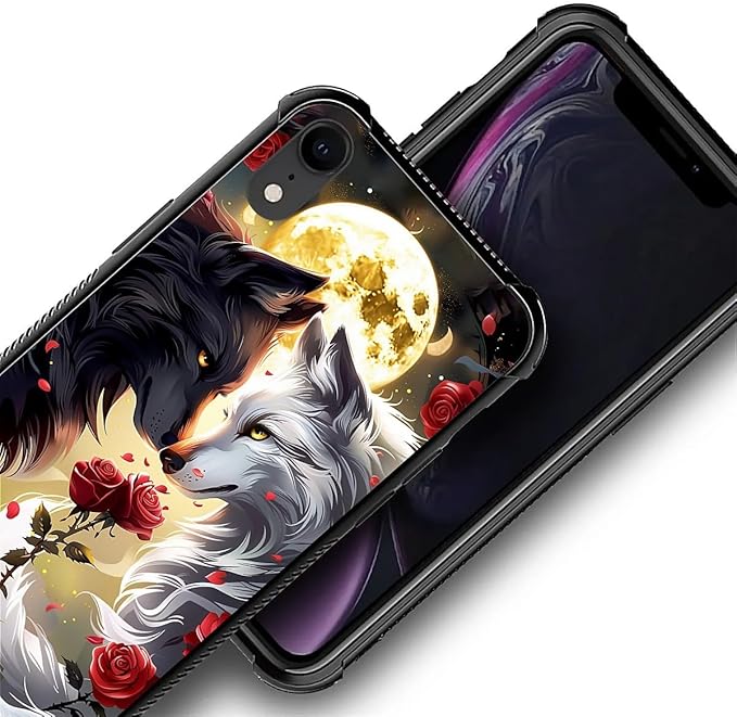 for iPhone XR Case, Black White Wolf Moon Flower Rose Pattern Graphic Design Girl Boy Soft Silicone Hard Acrylic Shock Protection for iPhone XR