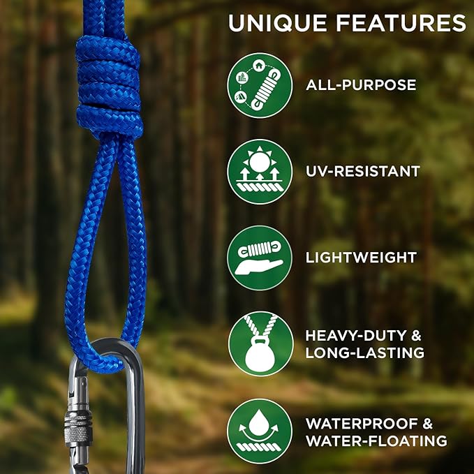 TECEUM Rope – 90 Feet x 3/8 Inch (10mm) – Blue – Strong All-Purpose Utility Rope – Camping, Crafting, Flag Pole, Indoor & Outdoor – Polypropylene Nylon Poly Lightweight Diamond Braided Cord