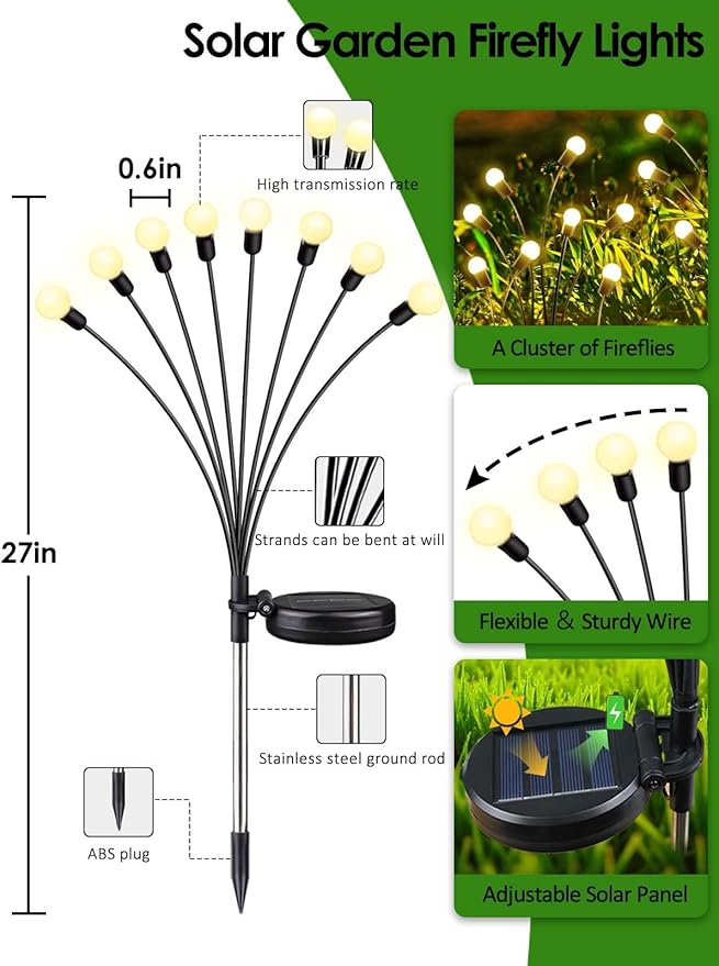 2026 Upgraded Solar Lights Outdoor, 8 Pack Solar Garden Lights with 2 Modes, Firefly Lights Outdoor Waterproof, Sway by Wind, Twinkle Firefly Light for Yard Patio Path Garden Decoration (Warm White)