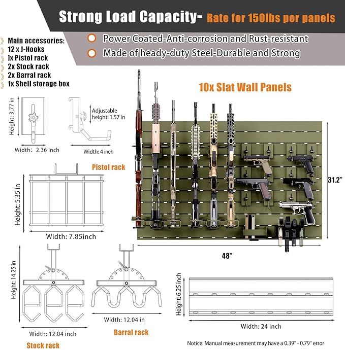 Wall Rack System - Aluminium Heavy-Duty Tactical Storage for Rifles, Carbines, Shotguns & Handguns, Modular Slatwall Organizer Holds up to 6 Rifles, 10 Pistols & 4 Mags