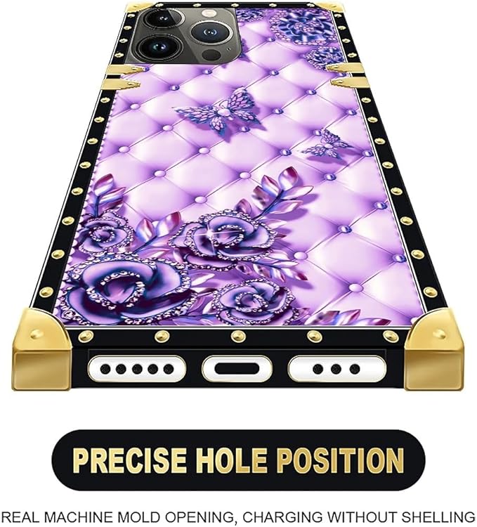 Compatible with iPhone 16 Pro Case, Purple Butterfly Flowers Leaf Luxury Golden Decoration for Girl Women Soft TPU Shockproof Protective Hard PC Back