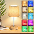 Wowag Small Cordless Table Lamp,5000mAh Rechargeable Battery Operated Desk Lamp,3 Colors & 7 RGB Stepless Dimmable, Portable Touch Bedside Night Light for Patio Restaurant Home,Wood Base,Flaxen Shade