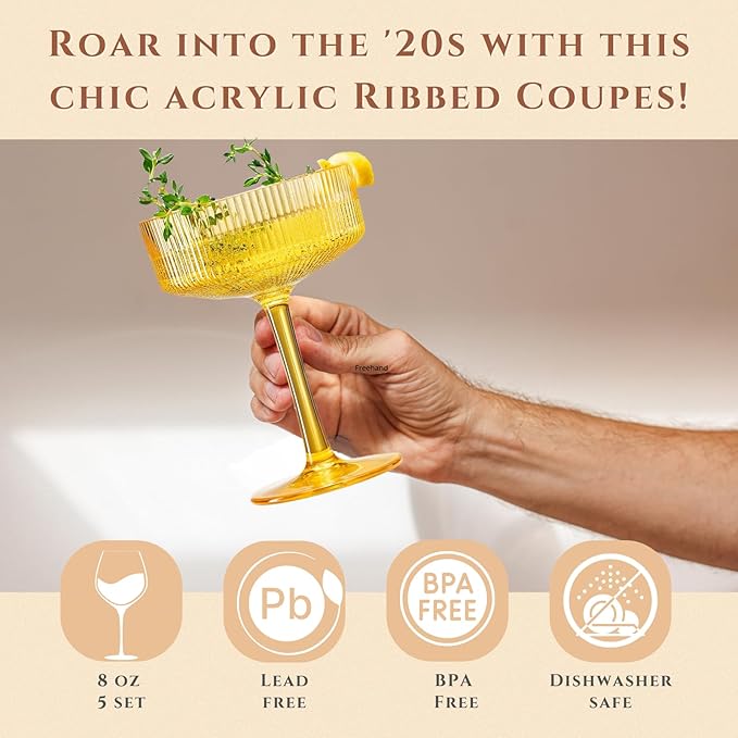 Khen Shatterproof Acrylic Ribbed Vintage Art Deco Martini, Champagne & Cocktail Spring & Summer Bright Pastel Colors Plastic Coupe Glasses | 5 Set | 8oz Ripple Classic Indoor & Outdoor, European Style