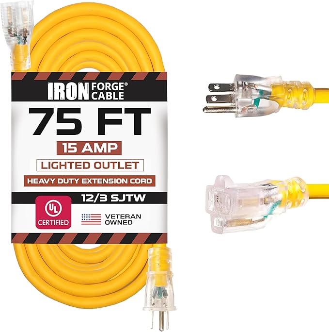 Iron Forge Cable 75 Foot Lighted Outdoor Extension Cord - 12/3 SJTW Heavy Duty Yellow Extension Cable with 3 Prong 15 AMP Grounded Plug for Safety