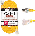 Iron Forge Cable 75 Foot Lighted Outdoor Extension Cord - 12/3 SJTW Heavy Duty Yellow Extension Cable with 3 Prong 15 AMP Grounded Plug for Safety