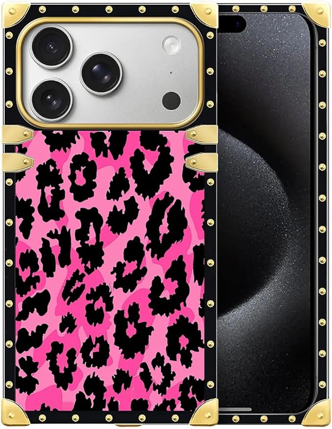 for iPhone 17 Pro Case Luxury Golden Decoration for Girl Women Soft TPU Shockproof Protective Hard PC Back for iPhone 17 Pro Crazy Pattern Pink Black Leopard
