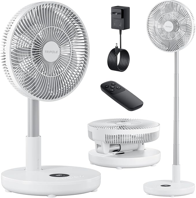 TriPole Oscillating Fan Portable Quiet Standing Fan with Remote, 12" Rechargeable Pedestal Fans for Bedroom Office, Foldable Battery Powered Travel Fans, Adjustable Height, 8H Timer, 6 Speeds, 44.4Wh