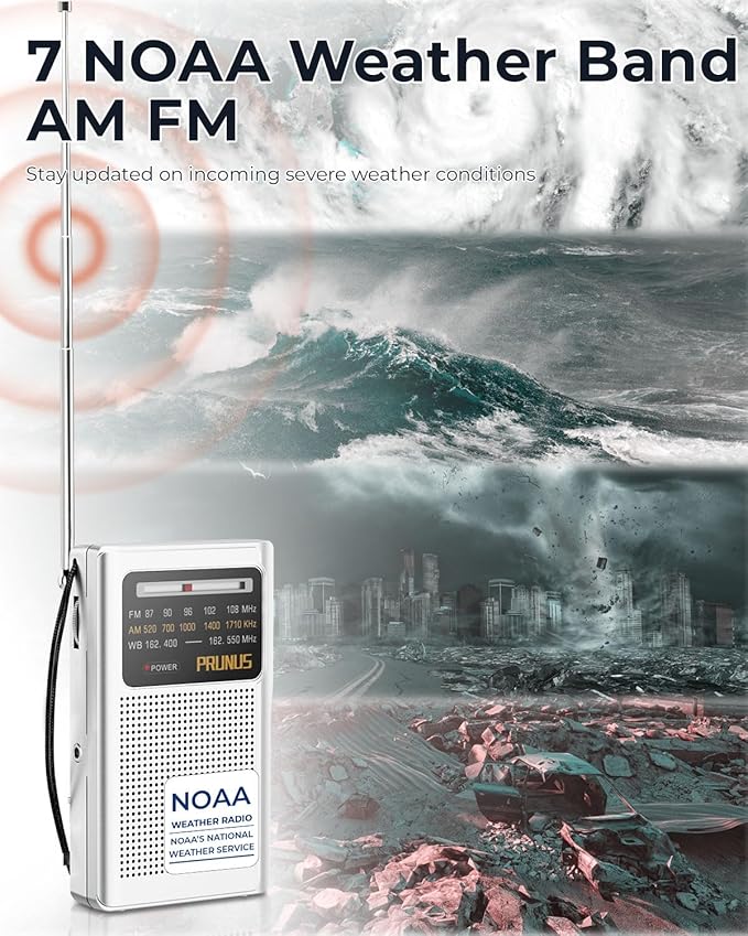 PRUNUS J161 NOAA Weather Radio AM FM, Battery Operated Radio for Power Outages, Transistor Radio with Best Reception,Stereo Earphone Jack, for Emergency,Hurricane, Storm, Running, Walking,Home