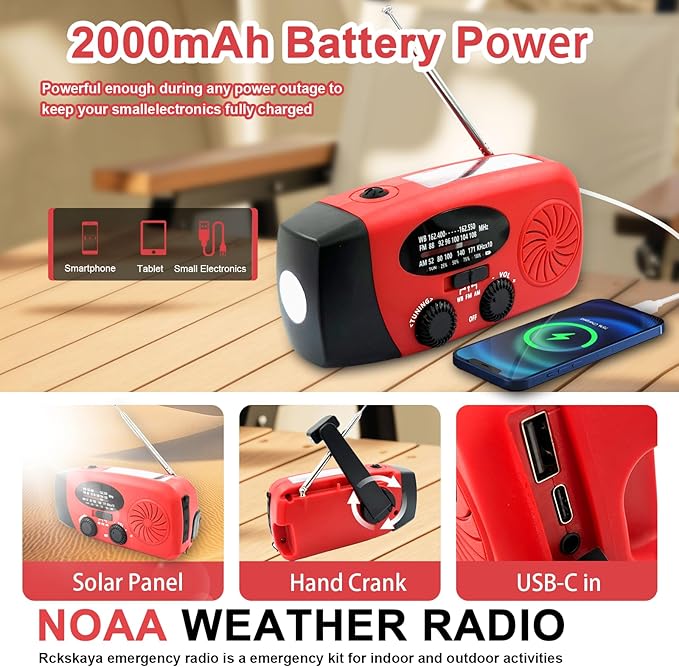 Hand Crank Emergency Radio, AM/FM/NOAA Weather Radio with 2000mAh Battery Operated, Solar Powered & USB Charging, Flashlight, Reading Light,SOS Alarm, Headphone Jack for Outdoor Indoor
