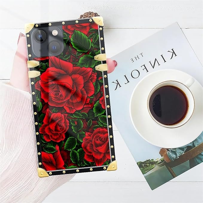Compatible with iPhone 15 Case, Vector Red Rose Green Leaf Luxury Golden Decoration for Girl Women Soft TPU Shockproof Protective Hard PC Back for iPhone 15
