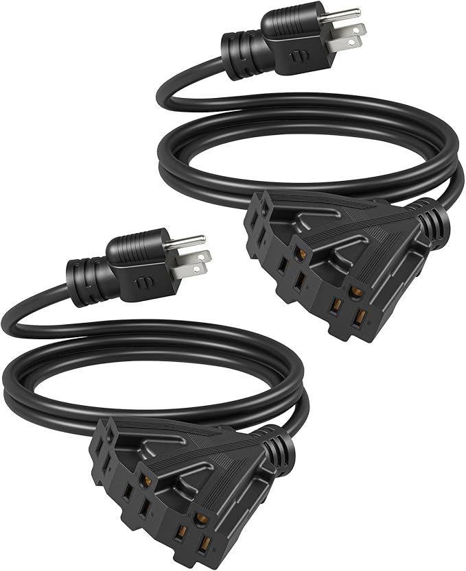 DEWENWILS 6FT Extension Cord, Tri-Tap Extension Cord Splitter, 3 Outlet 16/3 SJTW Power Cable for Landscape Lighting String Lights, 13A/125V/1625W, ETL Listed, Black, 2 Pack