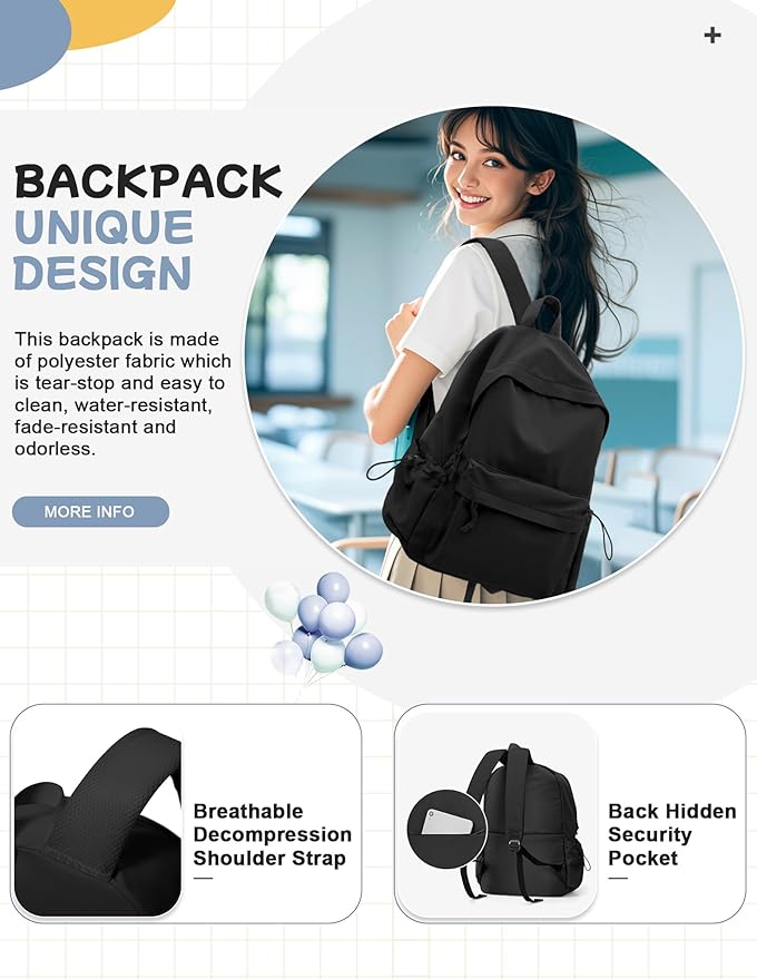 PAUBACK Black School Backpack for Girls Women Waterproof High School Book Bag Cute Backpack for Men Teens Boys, Lightweight Simple Middle School Back Pack Daypack